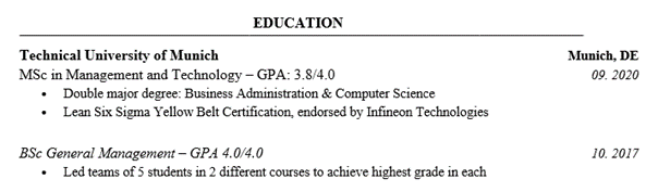 Consulting Resume Education Section Example