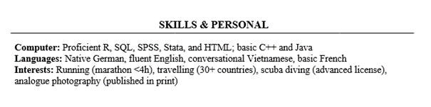 Consulting Resume Skills and Personal Section Example