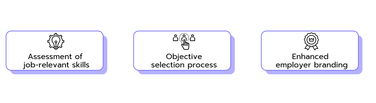 Visual summary of company benefits from case interviews: skill assessment, objective selection, and employer branding.