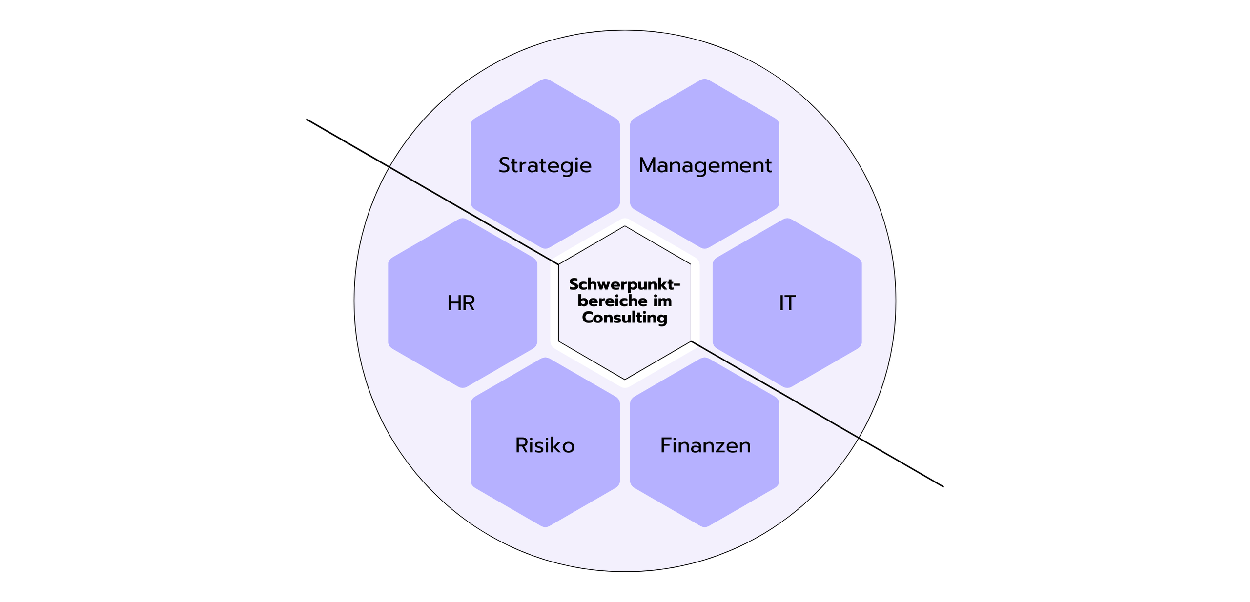 Grafik zu Schwerpunktbereichen im Consulting: Strategie, Management, IT, Finanzen, Risiko und HR, dargestellt in einem Kreisdiagramm mit sechseckigen Feldern.