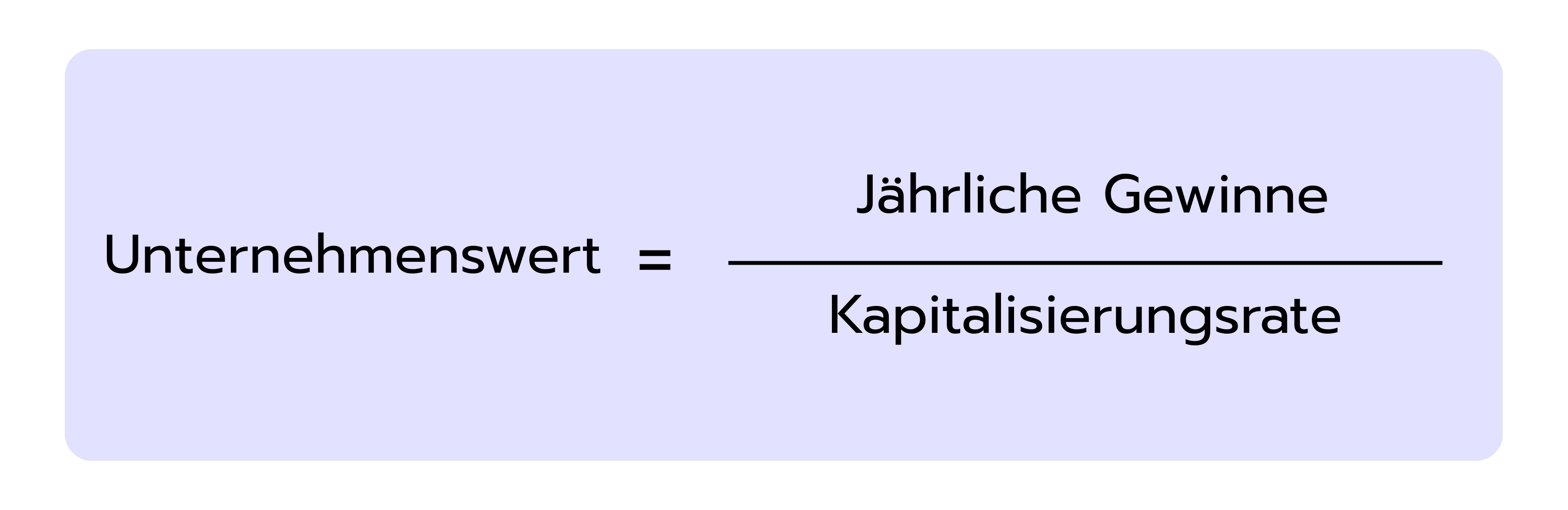 Formelgrafik „Unternehmenswert = Jährliche Gewinne ÷ Kapitalisierungsrate“.