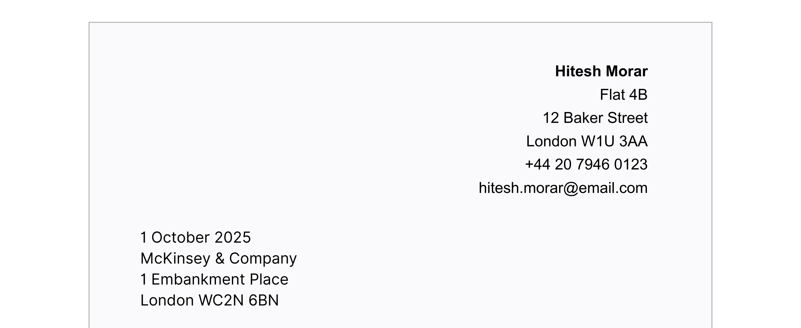 Cover letter header with Hitesh Morar’s (fictive) contact information, address, phone number, and email. Fictive McKinsey & Company Address.