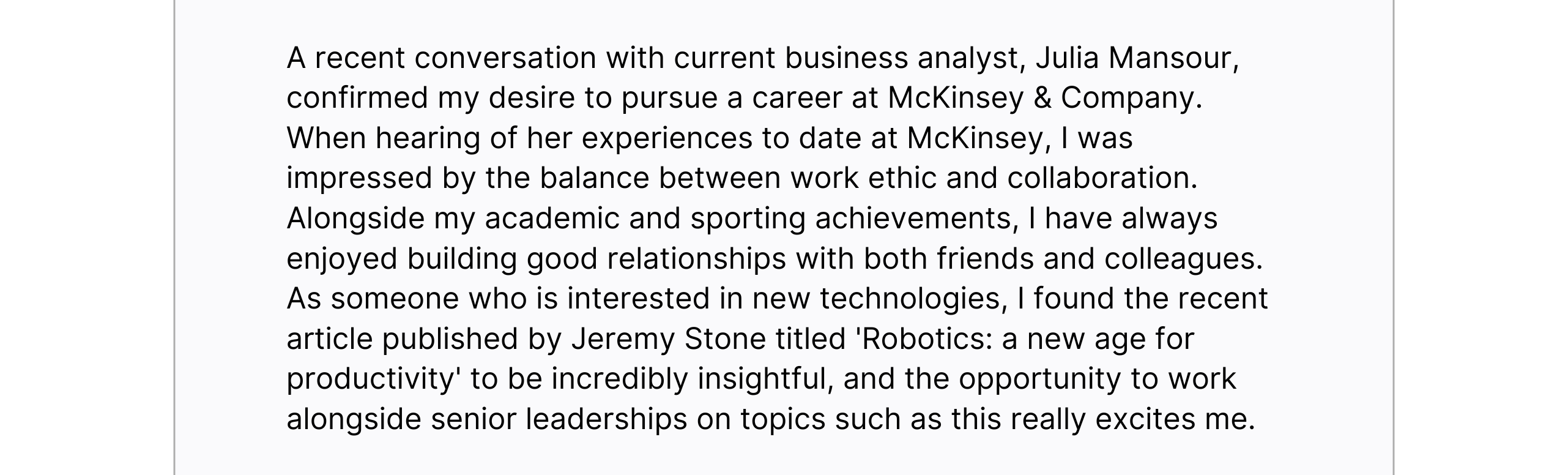 Paragraph about a conversation with analyst Julia Mansour, interest in technology, and enthusiasm for an article on robotics.