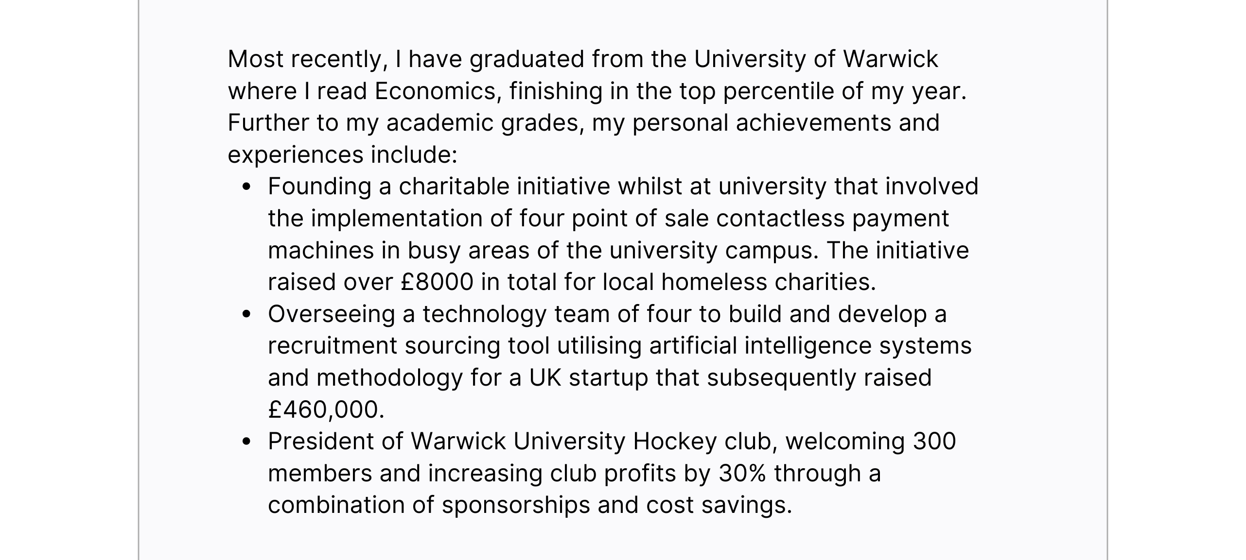Description of academic background at University of Warwick and bullet points: founding a charity initiative, leading an AI tech project, president of the hockey club.