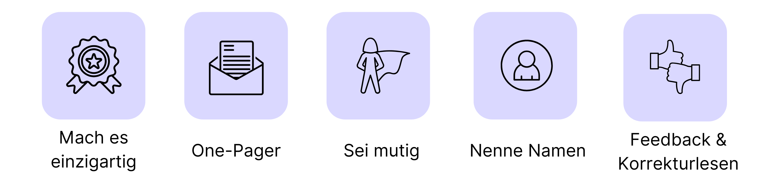 Fünf Icons mit Tipps für das Consulting-Anschreiben: Mach es einzigartig, One-Pager, Sei mutig, Nenne Namen, Feedback & Korrekturlesen.