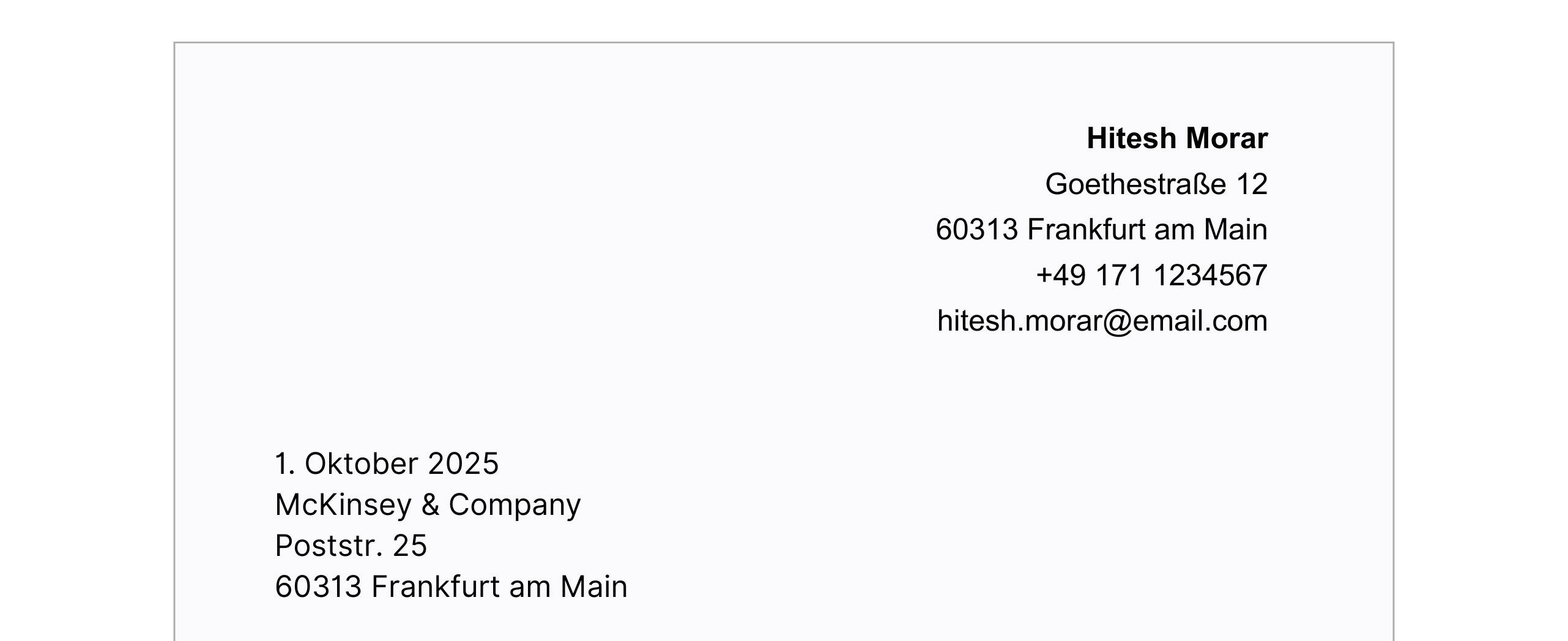 Anschreiben mit Kontaktdaten von Beispielperson Hitesh Morar, Adresse, Telefonnummer und E-Mail sowie Beispieladresse von McKinsey & Company.