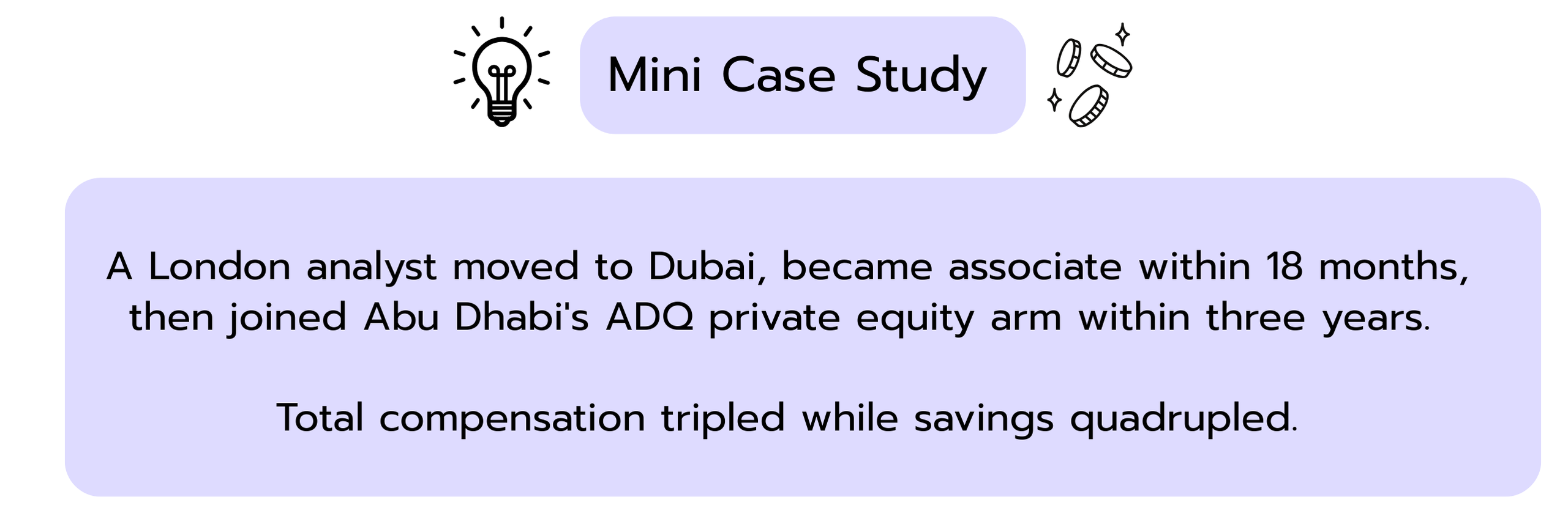 Case study box titled Mini Case Study with icons of a lightbulb and coins. Text: A London analyst moved to Dubai, became associate within 18 months, then joined Abu Dhabi's ADQ private equity arm within three years. Total compensation tripled while savings quadrupled