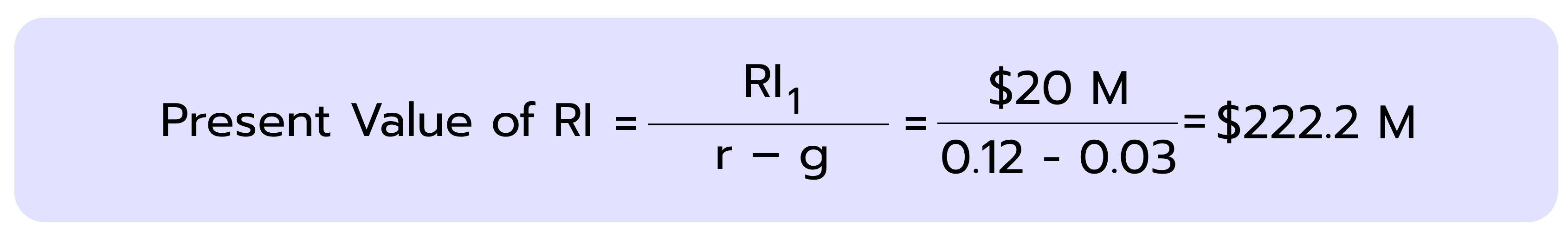 Formula for calculating the present value of residual income using the growth model in the Residual Income valuation example