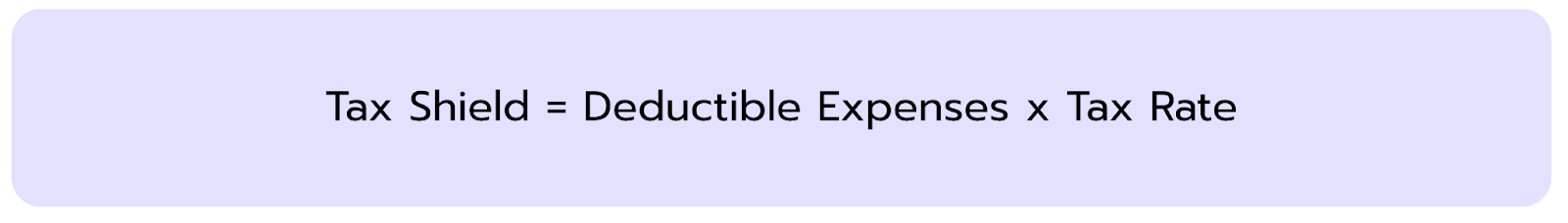 Formula for calculating the tax shield: Tax Shield = Deductible Expenses × Tax Rate.