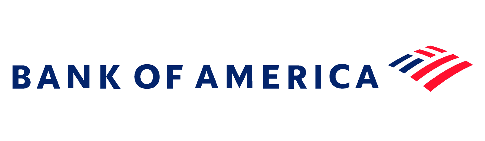 Bank-of-America-Logo mit dem dunkelblauen Schriftzug „Bank of America“ und einem stilisierten rot-blauen Flaggensymbol auf der rechten Seite.