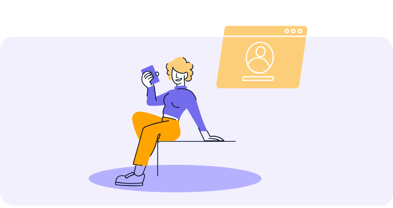 Illustration einer Person, die auf einem Tisch sitzt, ein Smartphone hält und auf einen Bildschirm mit einem Benutzerprofil-Symbol blickt.