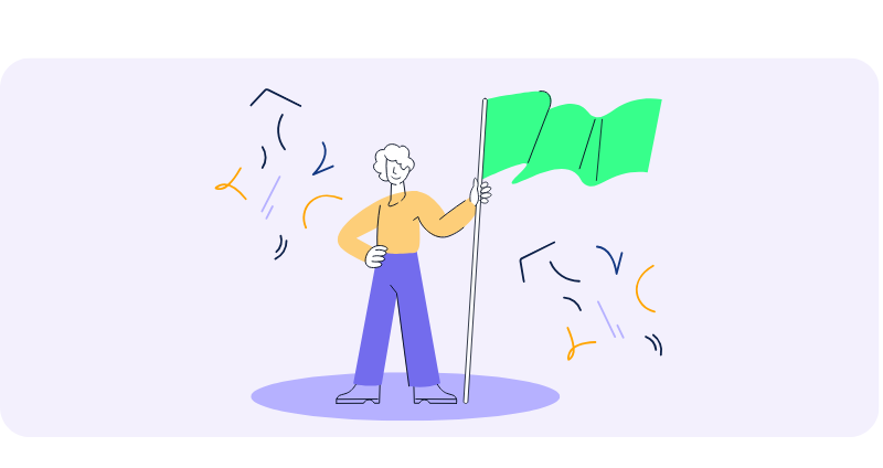 Illustration einer Person, die eine grüne Flagge hochhält, umgeben von feiernden Symbolen und Bewegungslinien, die Erfolg oder Erreichen eines Ziels darstellen.