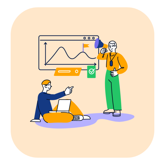 Illustration zweier Personen in einem Coaching- oder Beratungskontext. Eine Person sitzt mit einem Laptop auf dem Boden und zeigt nach vorne, während die andere Person steht, ein Megafon hält und Anweisungen gibt. Im Hintergrund befindet sich ein Diagramm mit einer ansteigenden Kurve, einer Flagge als Markierung und Symbolen für Fortschritt und Erfolg.