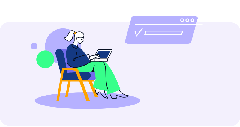 Illustration of a person sitting on a chair, working on a laptop, with a floating window above them displaying a checklist.