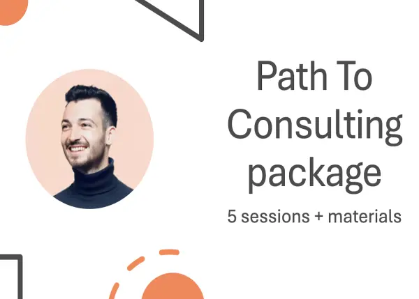 Graphic with the headline 'Path to Consulting Package – 5 Sessions'. Includes a photo of Coach Cristian and a note about a full library of practice materials.